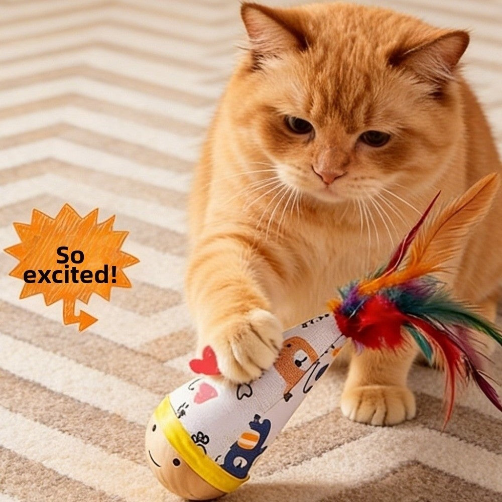 Cartoon Pattern Cat Tumbler Wobbler Wear-Resistant Bite-Resistant Cat Interactive with Feather Kitten Wobble Ball Indoor Play