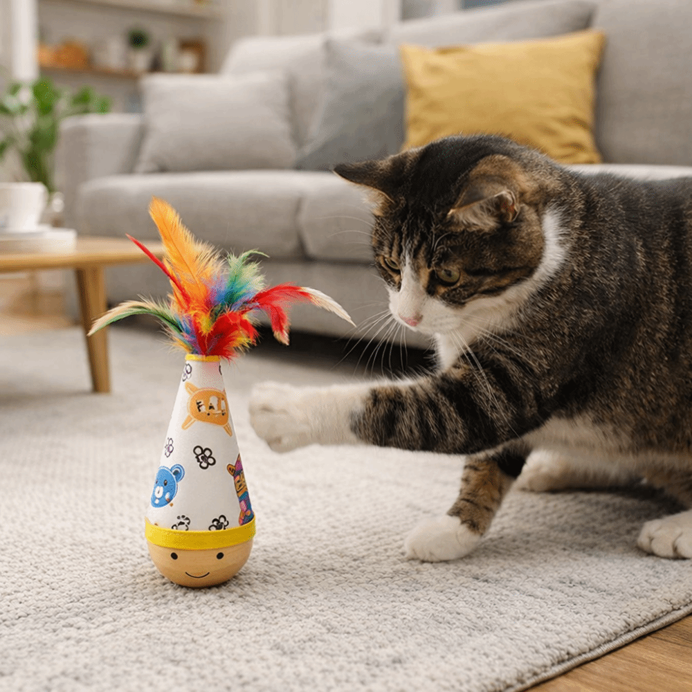 Cartoon Pattern Cat Tumbler Wobbler Wear-Resistant Bite-Resistant Cat Interactive with Feather Kitten Wobble Ball Indoor Play