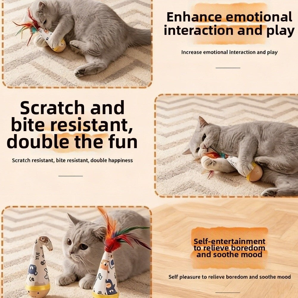 Cartoon Pattern Cat Tumbler Wobbler Wear-Resistant Bite-Resistant Cat Interactive with Feather Kitten Wobble Ball Indoor Play
